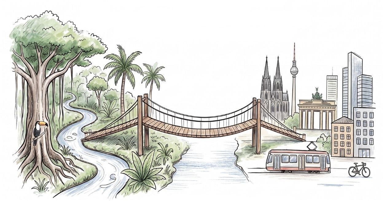 Handgezeichnete Brücke zwischen Amazonas und deutscher Stadt